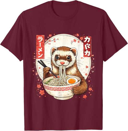 Funny Kawaii Ferret Eating Ramen Japanese Noodles Soup T-Shirt - T-Shirt | Maroon
