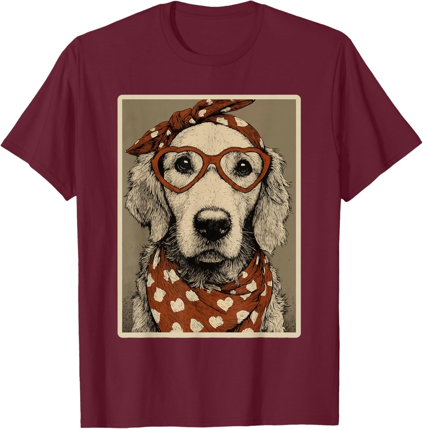 Golden Retriever with Hearts Glasses Valentines Dog Coquette T-Shirt - T-Shirt | Maroon