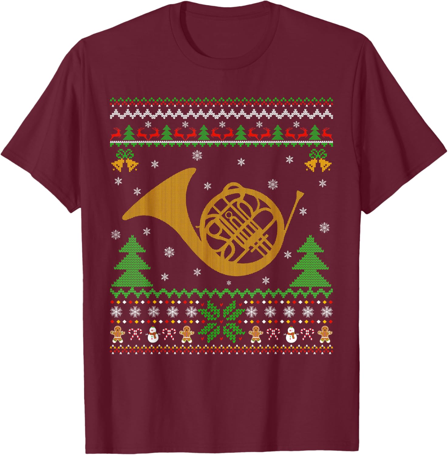 French Horn Ugly Christmas Sweaters Music Player Xmas T-Shirt - T-Shirt | Maroon