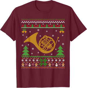 French Horn Ugly Christmas Sweaters Music Player Xmas T-Shirt - T-Shirt | Maroon