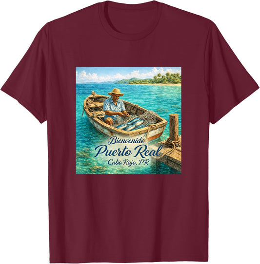Puerto Real Cabo Rojo PR – Coastal Fishing Village Design T-Shirt - T-Shirt | Maroon