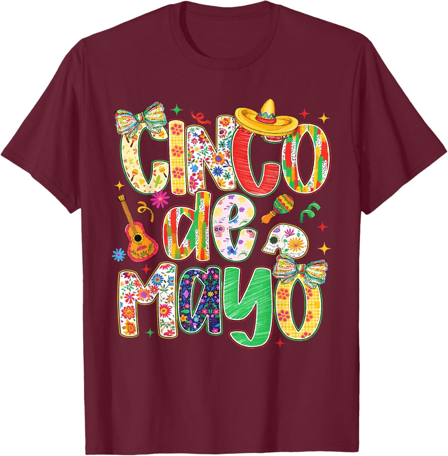 Cinco De Mayo Floral Fiesta Bow Sombrero Girl Women T-Shirt - T-Shirt | Maroon