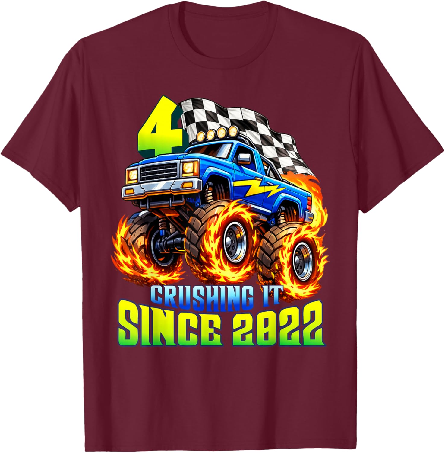 Monster Truck 4th Birthday Crushing It Since 2022 Party Boys T-Shirt - T-Shirt | Maroon