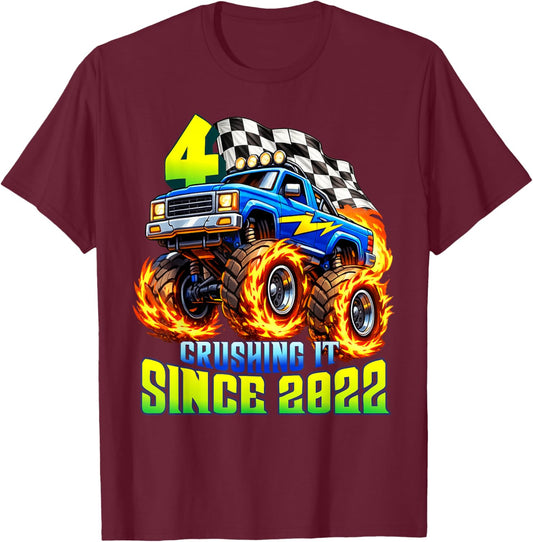 Monster Truck 4th Birthday Crushing It Since 2022 Party Boys T-Shirt - T-Shirt | Maroon