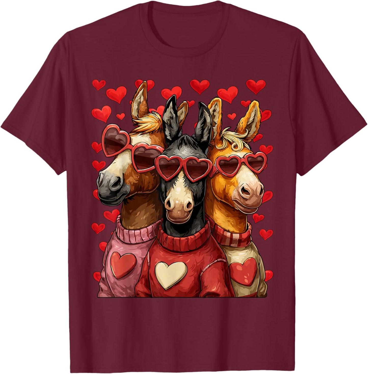 Cute Horses with Heart Sunglasses Valentines Day Hearts Love T-Shirt - T-Shirt | Maroon