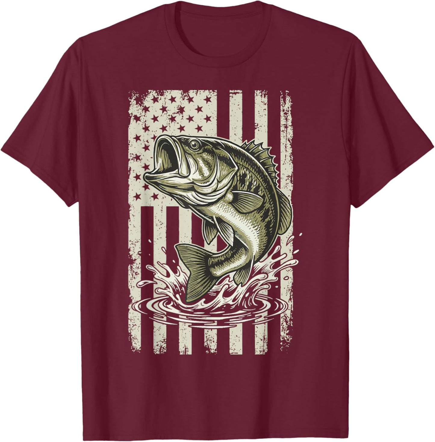 Bass Fish USA Flag Fishing 4th of July Patriot T-Shirt - T-Shirt | Maroon