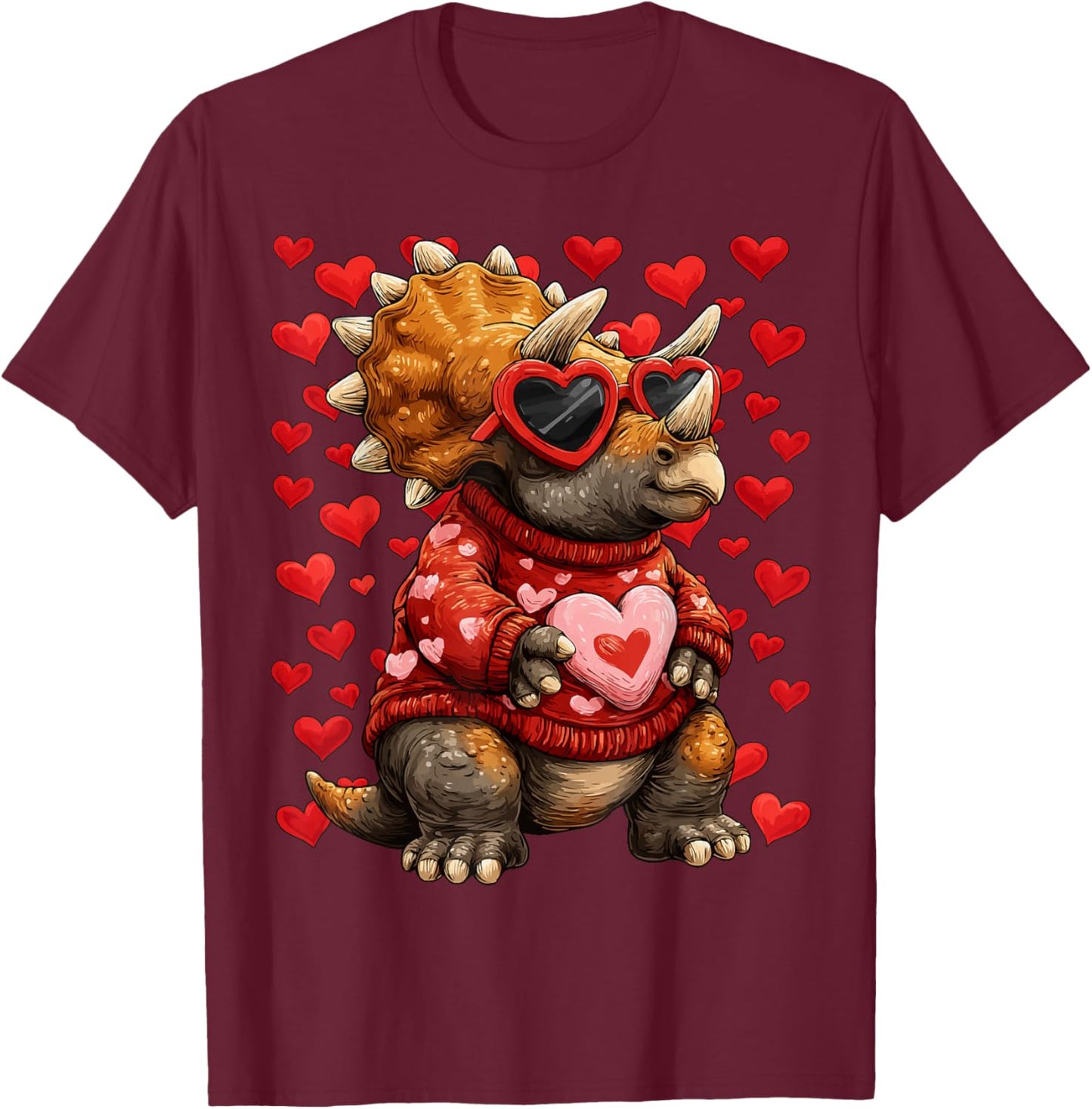 Triceratops with Heart Sunglasses Valentines Day Dinosaurs T-Shirt - T-Shirt | Maroon
