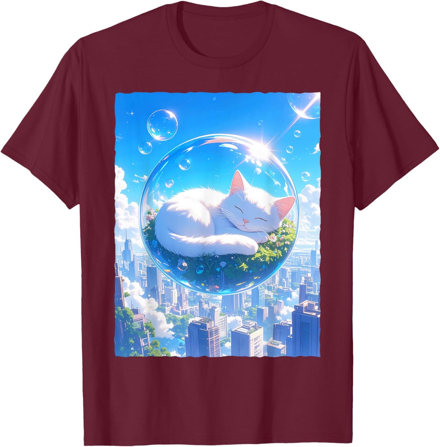 Frutiger Aero Kawaii Sleeping Cat in Bubble Aesthetic T-Shirt - T-Shirt | Maroon