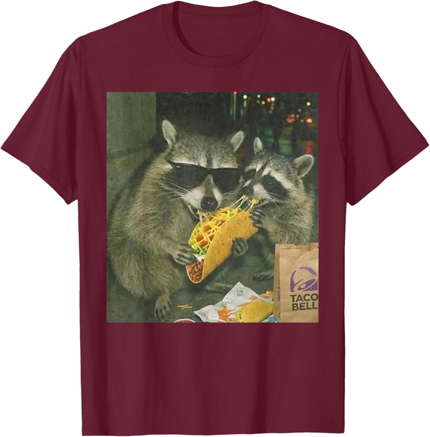 Funny Vintage Raccoon Eating Tacos Meme Humor Men Women T-Shirt - T-Shirt | Maroon
