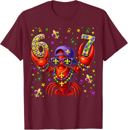 67 Mardi Gras Crawfish Beads Six Seven Carnival Boy Kids 6 7 T-Shirt - T-Shirt | Maroon