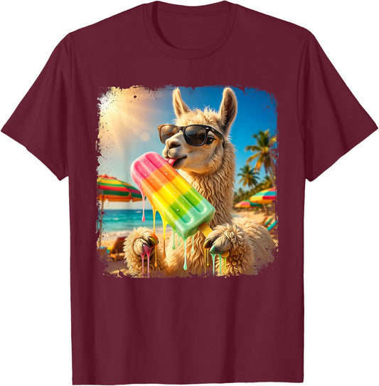 Funny Llama Eating Popsicle Summer Beach Animal Sunglasses T-Shirt - T-Shirt | Maroon