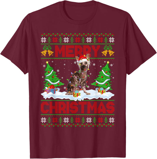 Chinese Crested Ugly Xmas Sweater Funny Pet Dog Christmas T-Shirt - T-Shirt | Maroon