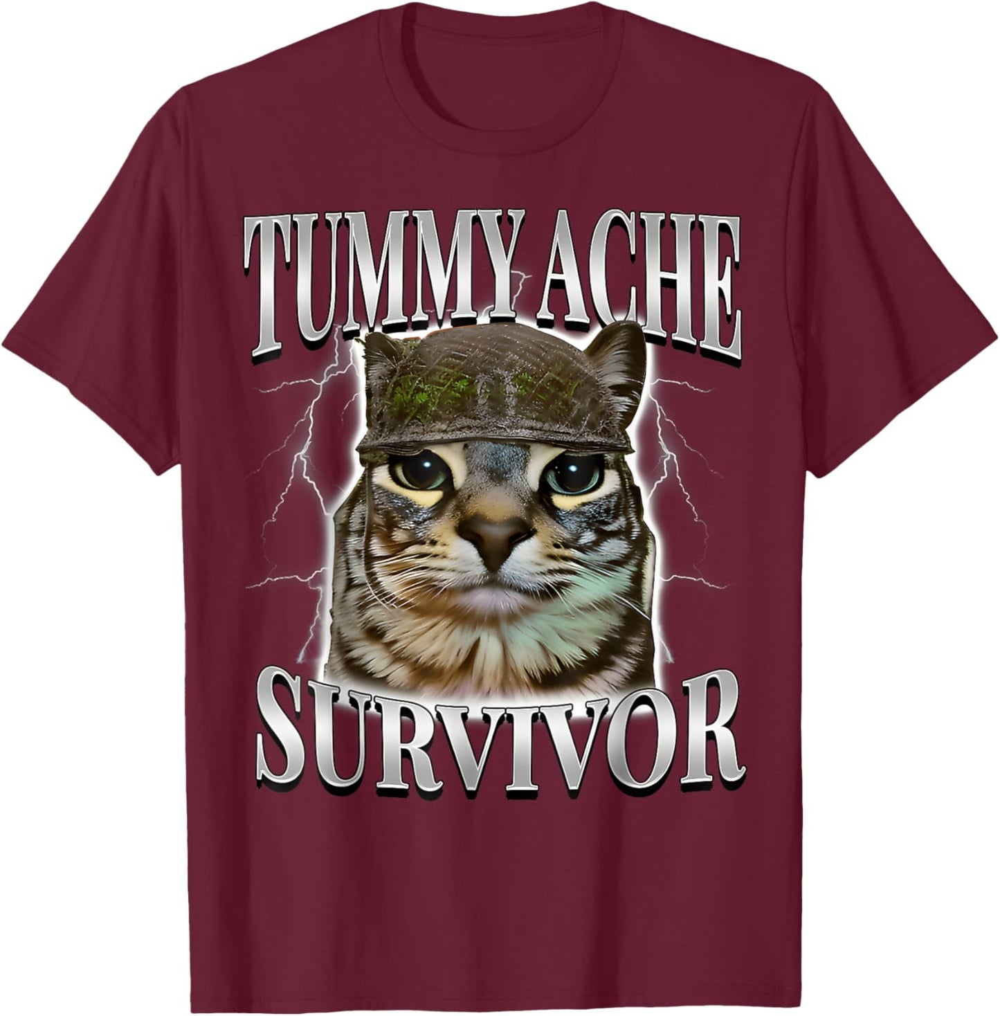Funny Saying Cats Tummy Ache Survivor Cat Meme Humor Men T-Shirt - T-Shirt | Maroon