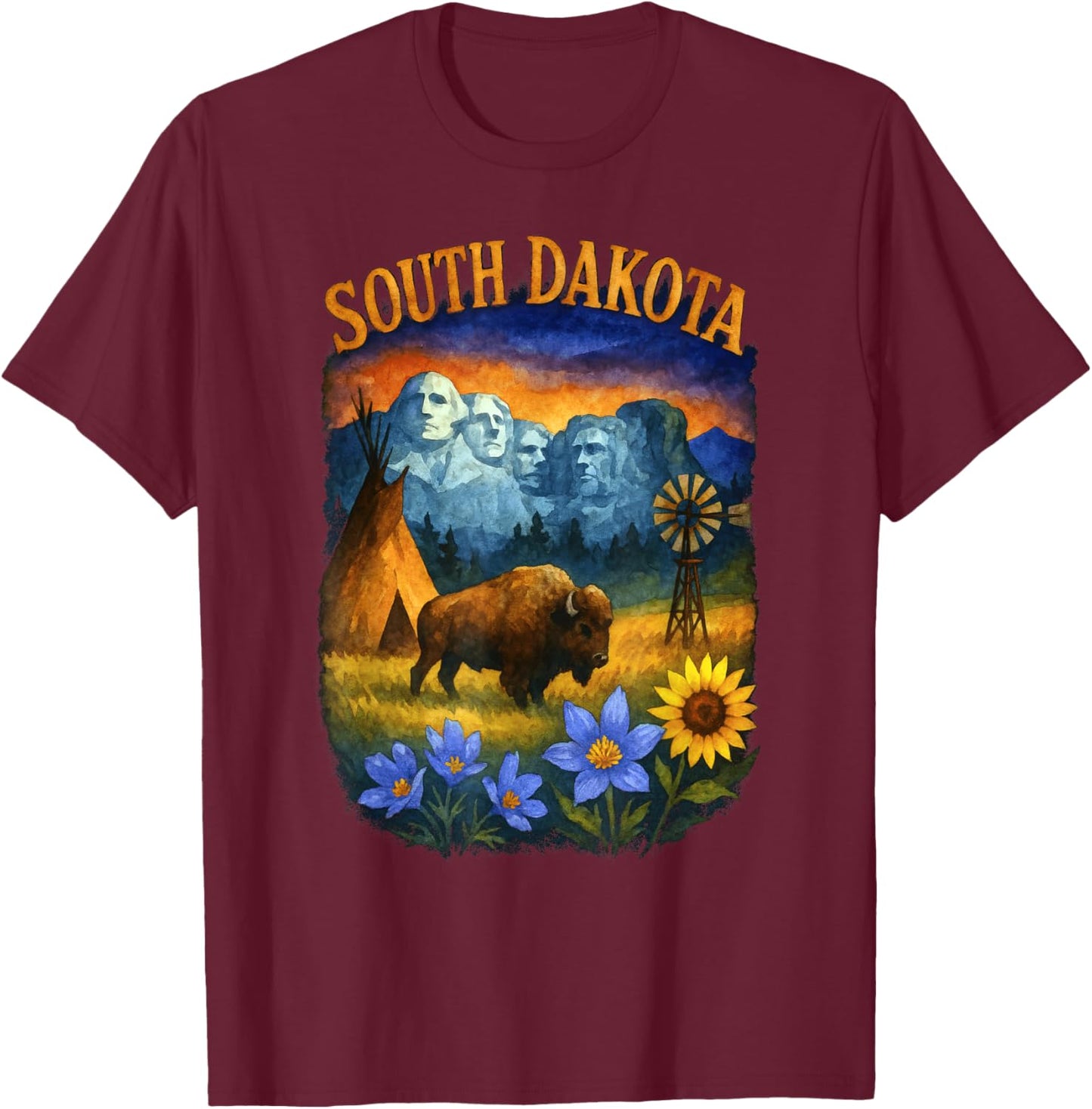 South Dakota Heritage Scene with Bison and Mount Rushmore T-Shirt - T-Shirt | Maroon