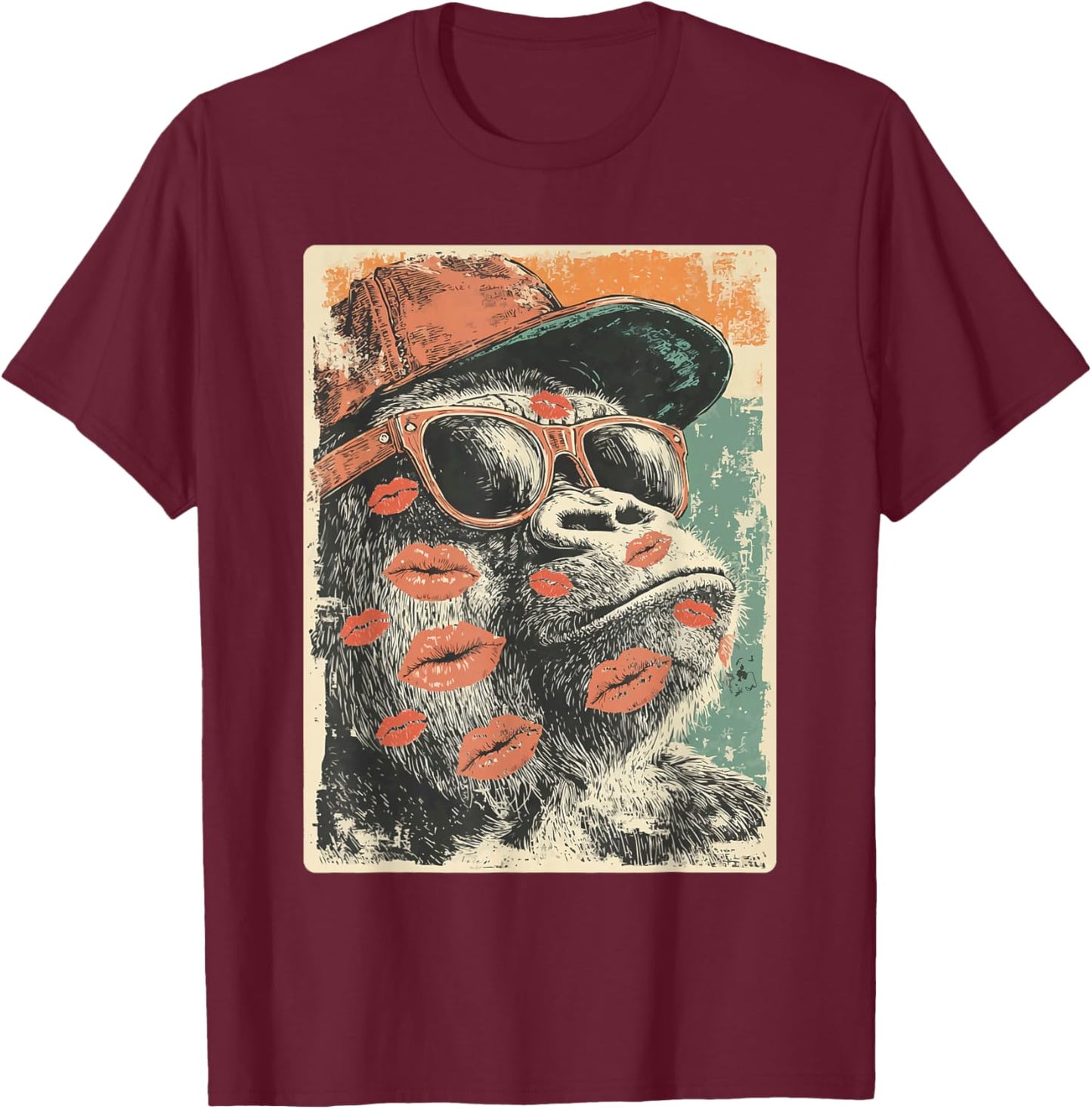 Cute Gorilla with Sunglasses Kisses Valentine's Day Animal T-Shirt - T-Shirt | Maroon