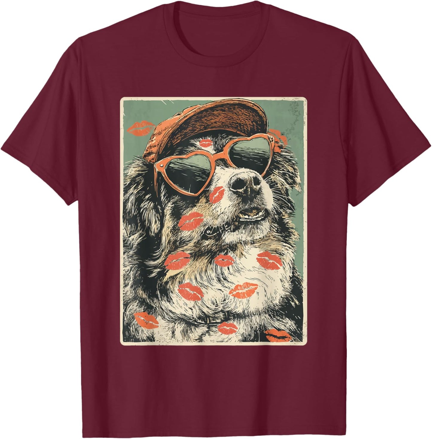 Australian Shepherd in Sunglasses Aussie Dog Valentine's Day T-Shirt - T-Shirt | Maroon