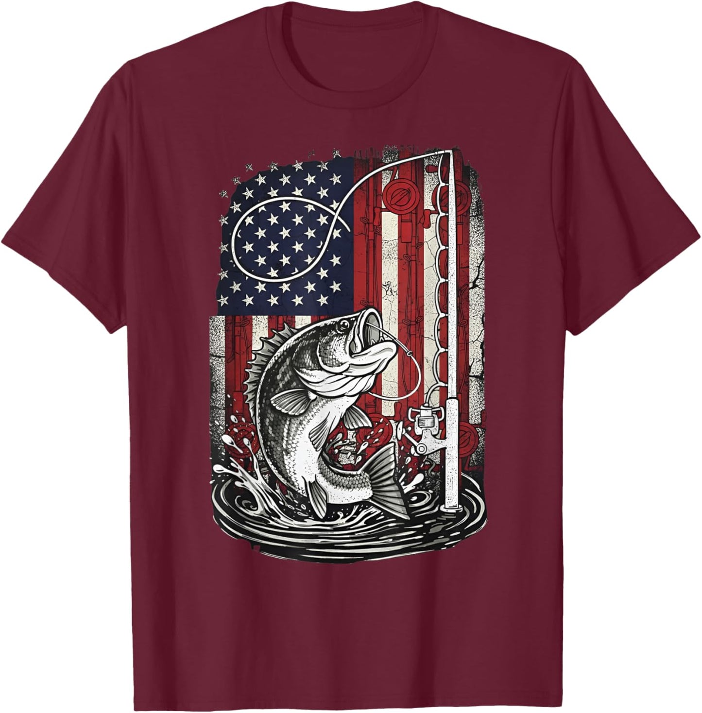 Fishing Camo Bass Fish Camouflage American Flag Fisherman T-Shirt - T-Shirt | Maroon