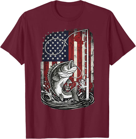 Fishing Camo Bass Fish Camouflage American Flag Fisherman T-Shirt - T-Shirt | Maroon