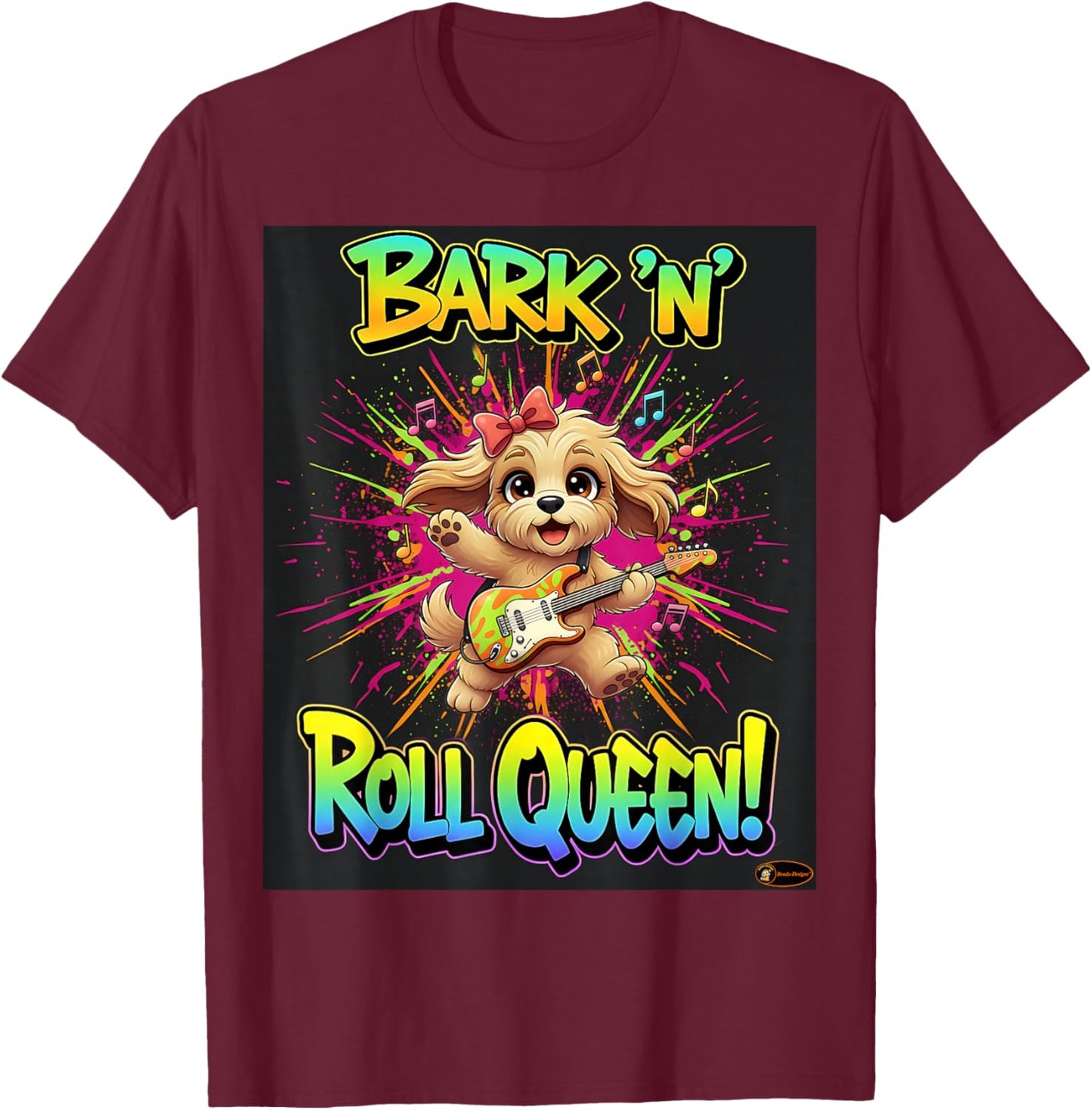 Cute Rock Puppy Guitar Design for Kids and Music Lovers T-Shirt - T-Shirt | Maroon