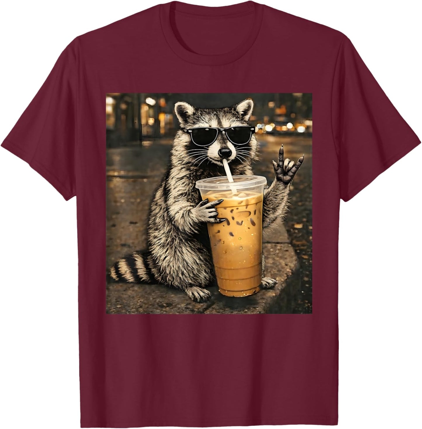 Raccoon Drinking Iced Coffee Funny Animal Meme Men Women T-Shirt - T-Shirt | Maroon