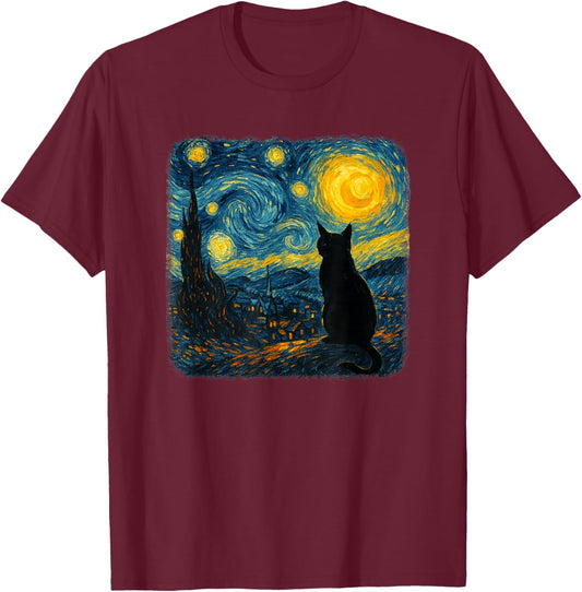 Funny Black Cat Starry Night Parody Painting Cat Lovers T-Shirt - T-Shirt | Maroon