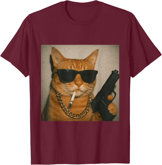 Funny Gangster Cat Smoking Gen Z Retro Meme Cat Lover T-Shirt - T-Shirt | Maroon