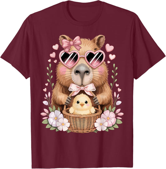 Watercolor Capybara Cute Easter Chick Cottagecore Cappy T-Shirt - T-Shirt | Maroon