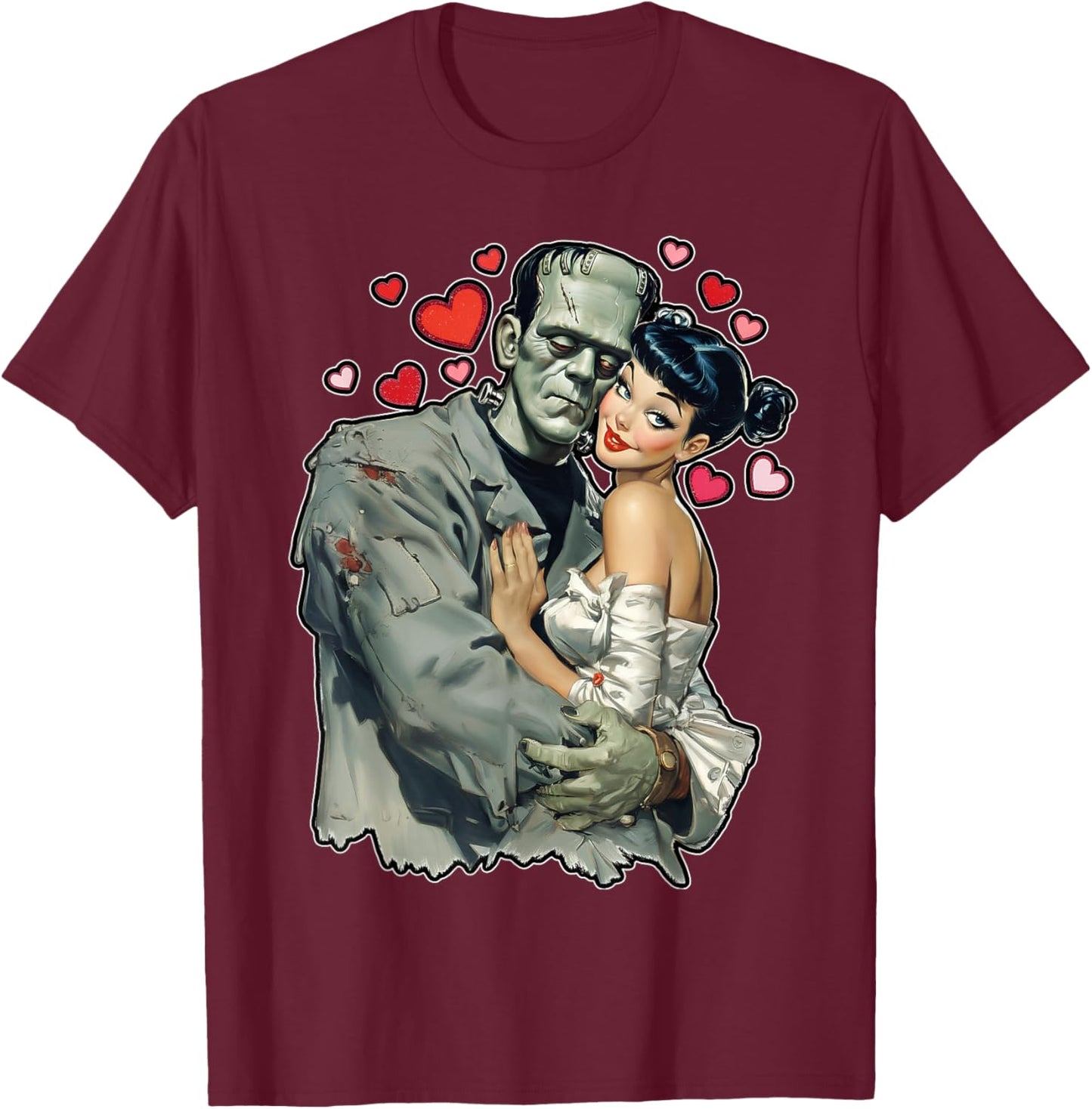 Love Heart Valentines Romantic Frankenstein and Wife Graphic T-Shirt - T-Shirt | Maroon