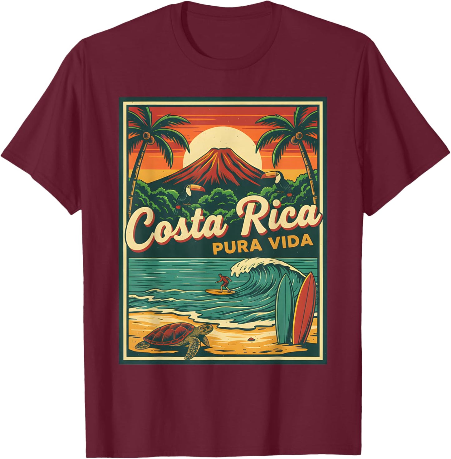 Costa Rica Pura Vida Vintage Surfer Volcano Turtle T-Shirt - T-Shirt | Maroon