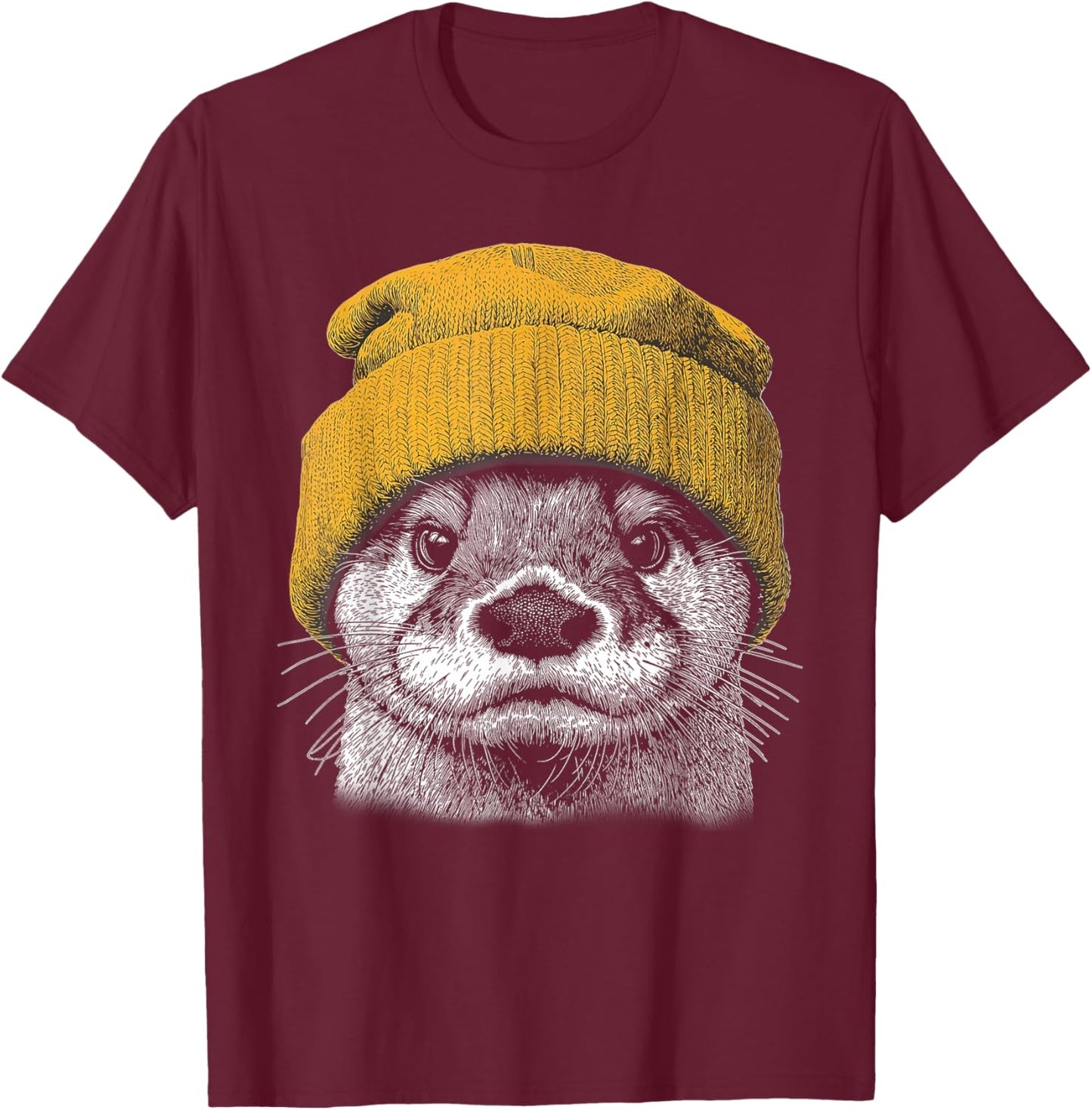 Retro River Otter Wearing Beanie Cute Otter Animal Art T-Shirt - T-Shirt | Maroon