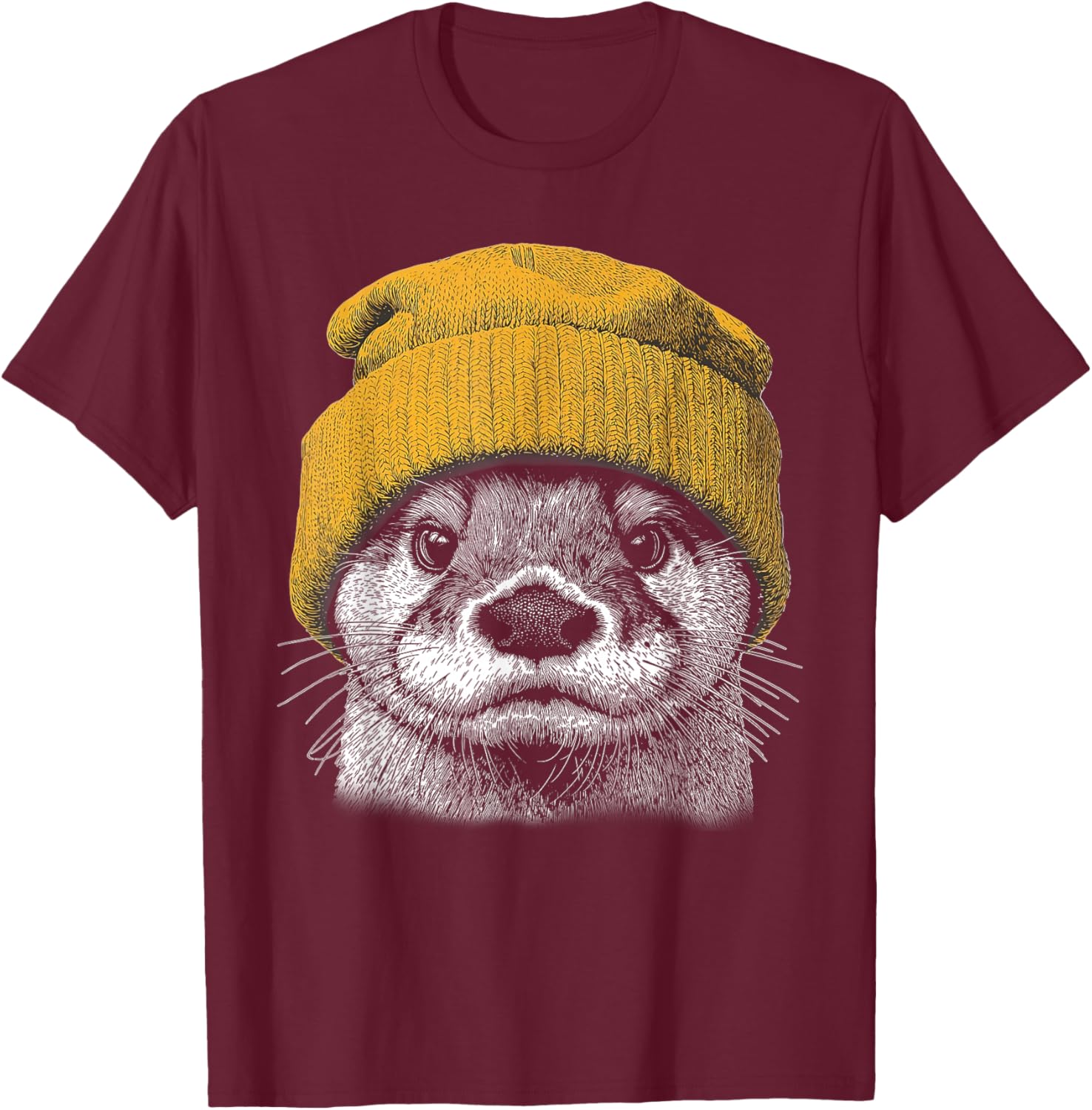 Retro River Otter Wearing Beanie Cute Otter Animal Art T-Shirt - T-Shirt | Maroon