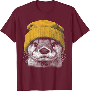 Retro River Otter Wearing Beanie Cute Otter Animal Art T-Shirt - T-Shirt | Maroon