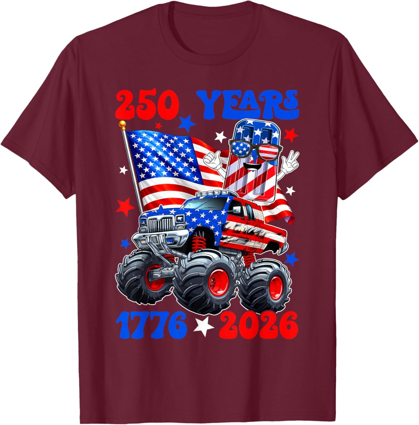 250 USA Years 1776 2026 Popsicle Monster Truck Boys Kids T-Shirt - T-Shirt | Maroon