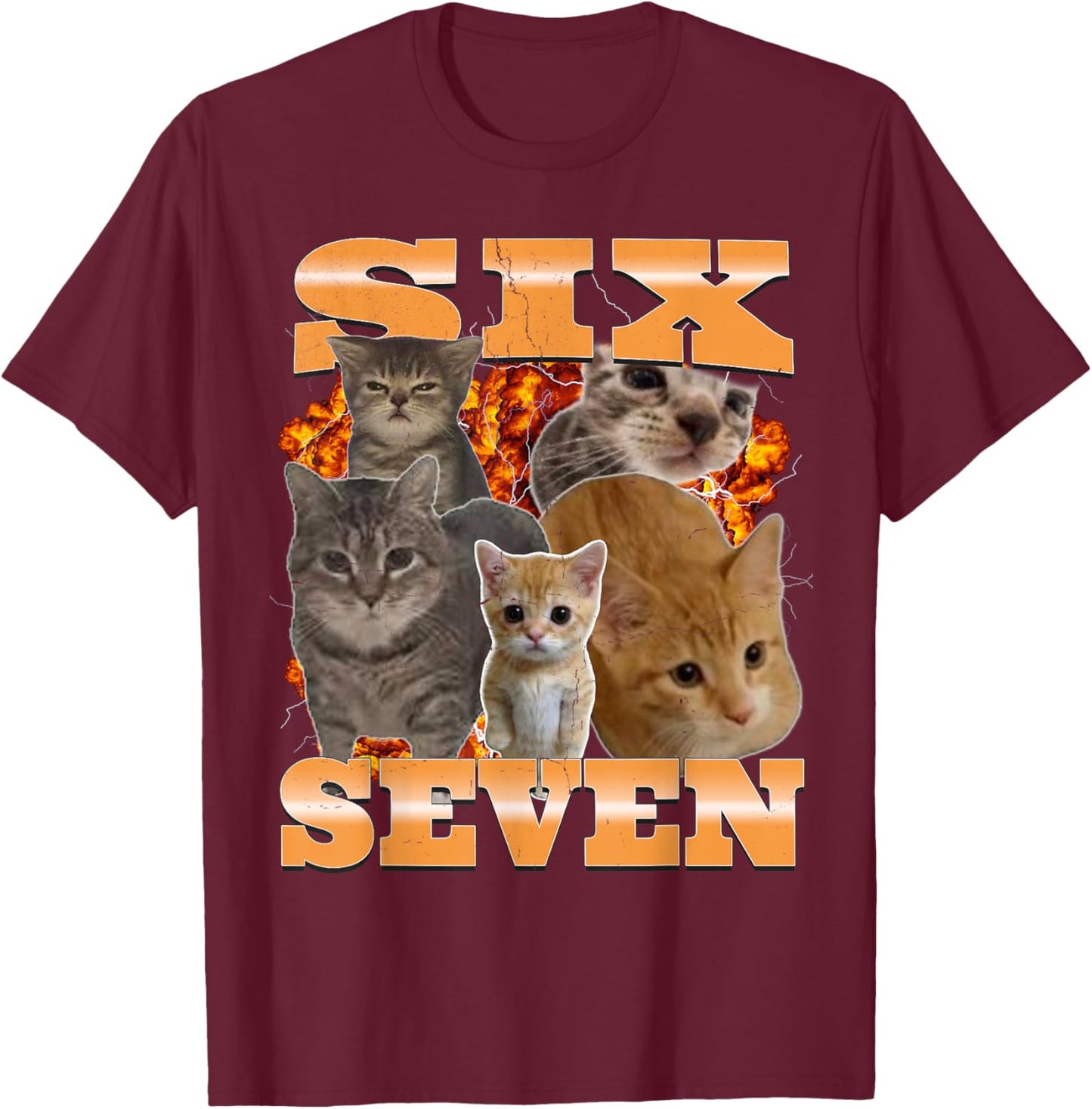 Six Seven Cat Meme Funny Bootleg Graphic T-Shirt - T-Shirt | Maroon