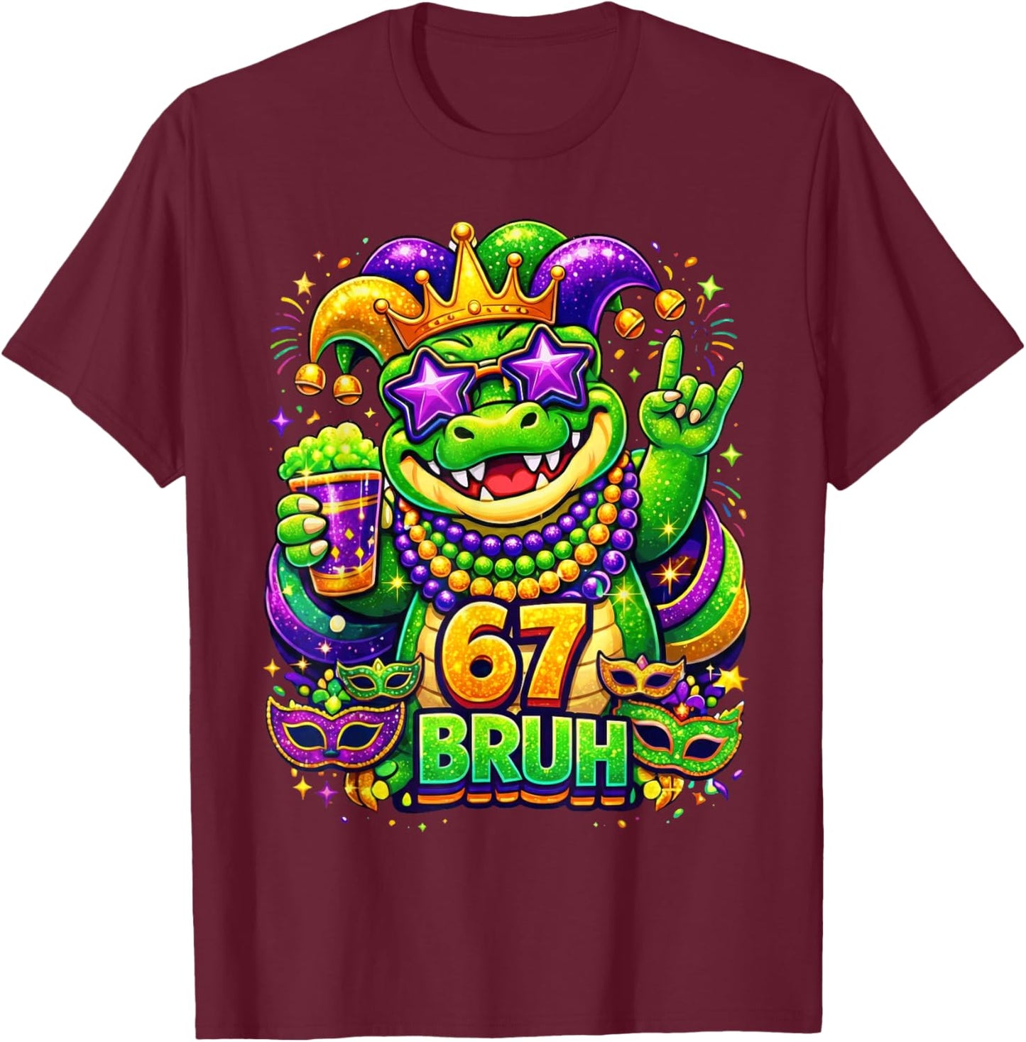 67 Mardi Gras Party Alligator Mardigator Six Seven Bruh Boys T-Shirt - T-Shirt | Maroon