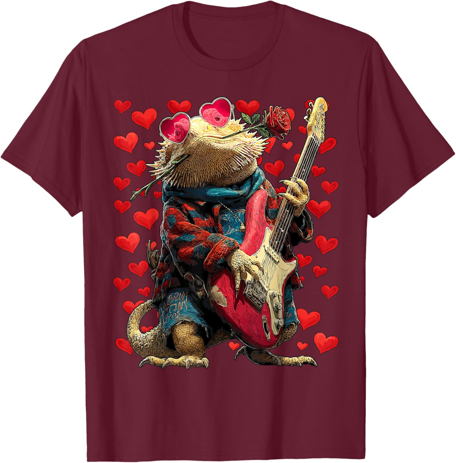 Guitarist Bearded Dragon Playing Guitar Valentine’s Day T-Shirt - T-Shirt | Maroon