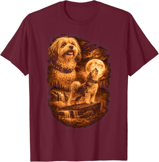 Havanese Howling Moon Dog Fantasy Forrest Wilderness T-Shirt - T-Shirt | Maroon
