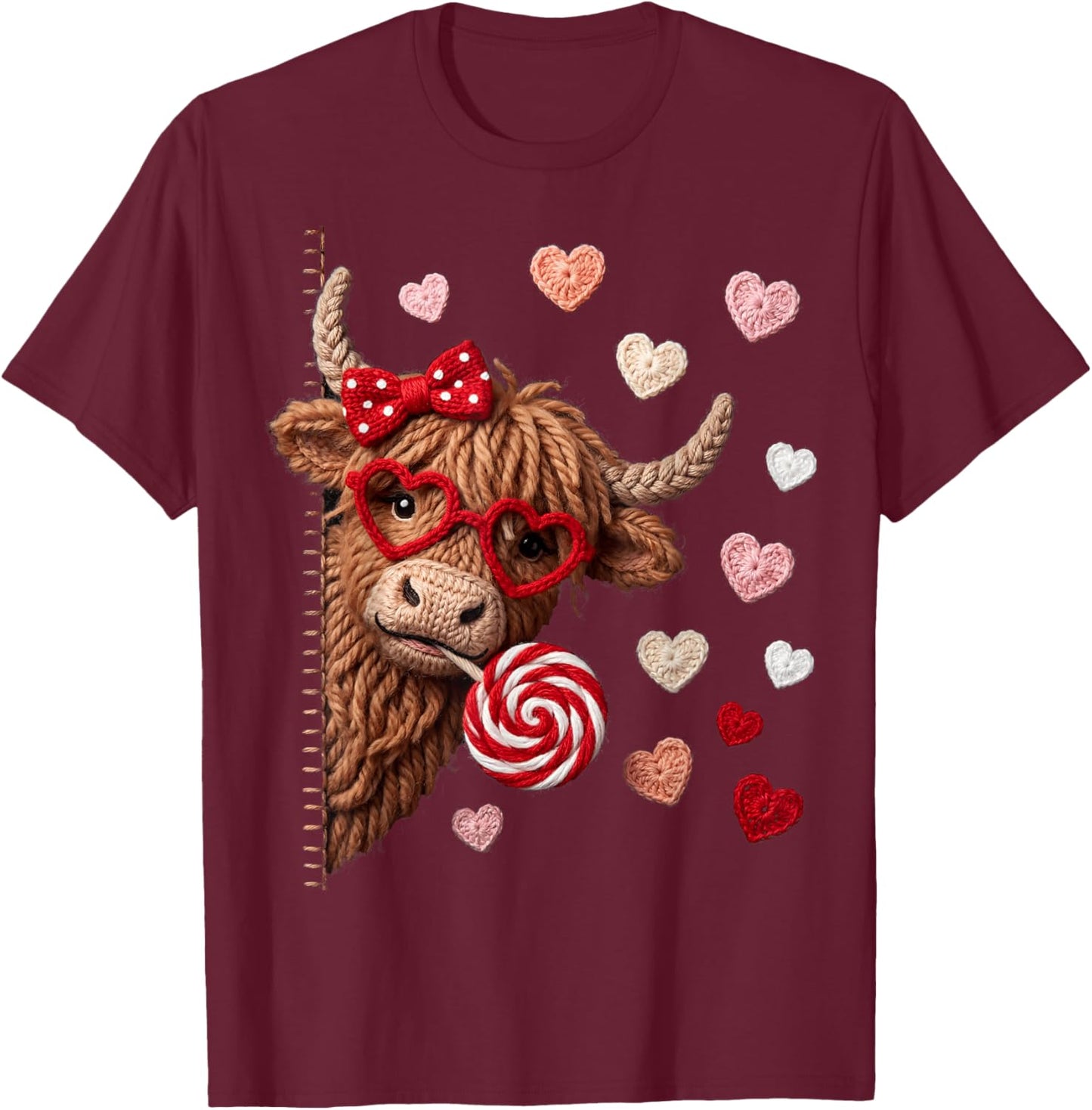 Cute Highland Cow Heifer Hearts Valentine T-Shirt - T-Shirt | Maroon