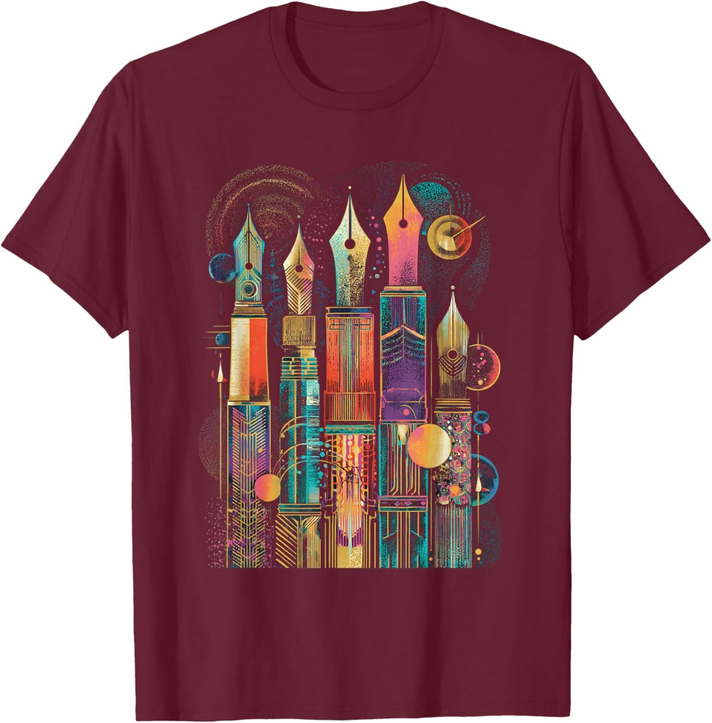 Art Deco Fountain Pen Skyline with Retro Abstract Geometry T-Shirt - T-Shirt | Maroon