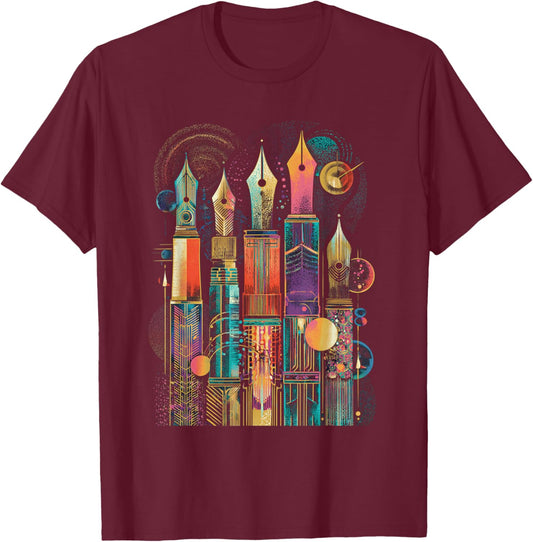 Art Deco Fountain Pen Skyline with Retro Abstract Geometry T-Shirt - T-Shirt | Maroon