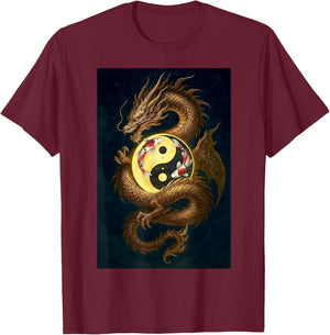 Chinese Dragon Yin and Yang Koi Carp Fish T-Shirt - T-Shirt | Maroon