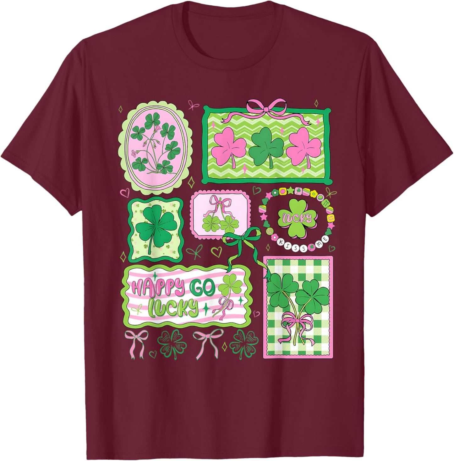 Preppy St Patricks Day Happy Go Lucky Shamrock Bow Men Women T-Shirt - T-Shirt | Maroon