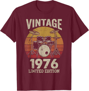 Vintage 1976 Drummer 50th Birthday Gift Retro Sunset Drums T-Shirt - T-Shirt | Maroon