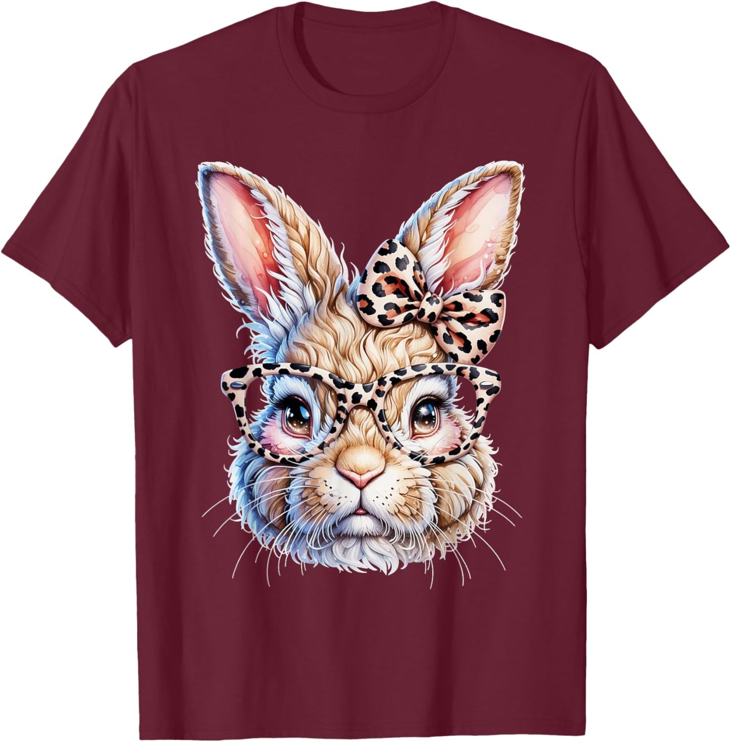 Easter Bunny with Leopard Bow and Glasses T-Shirt - T-Shirt | Maroon