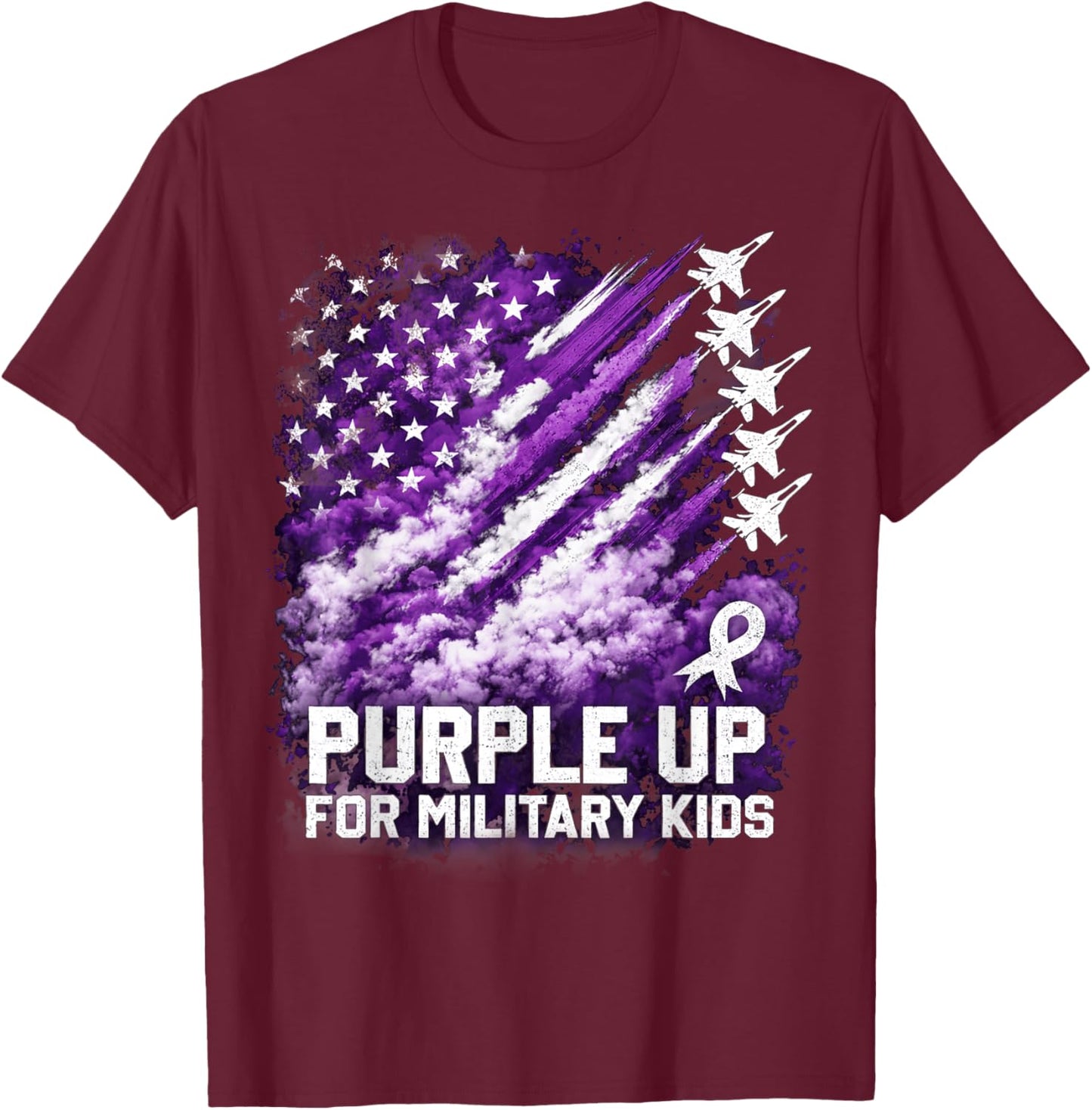 Purple Up Military Kids April Awareness USA Flag T-Shirt - T-Shirt | Maroon