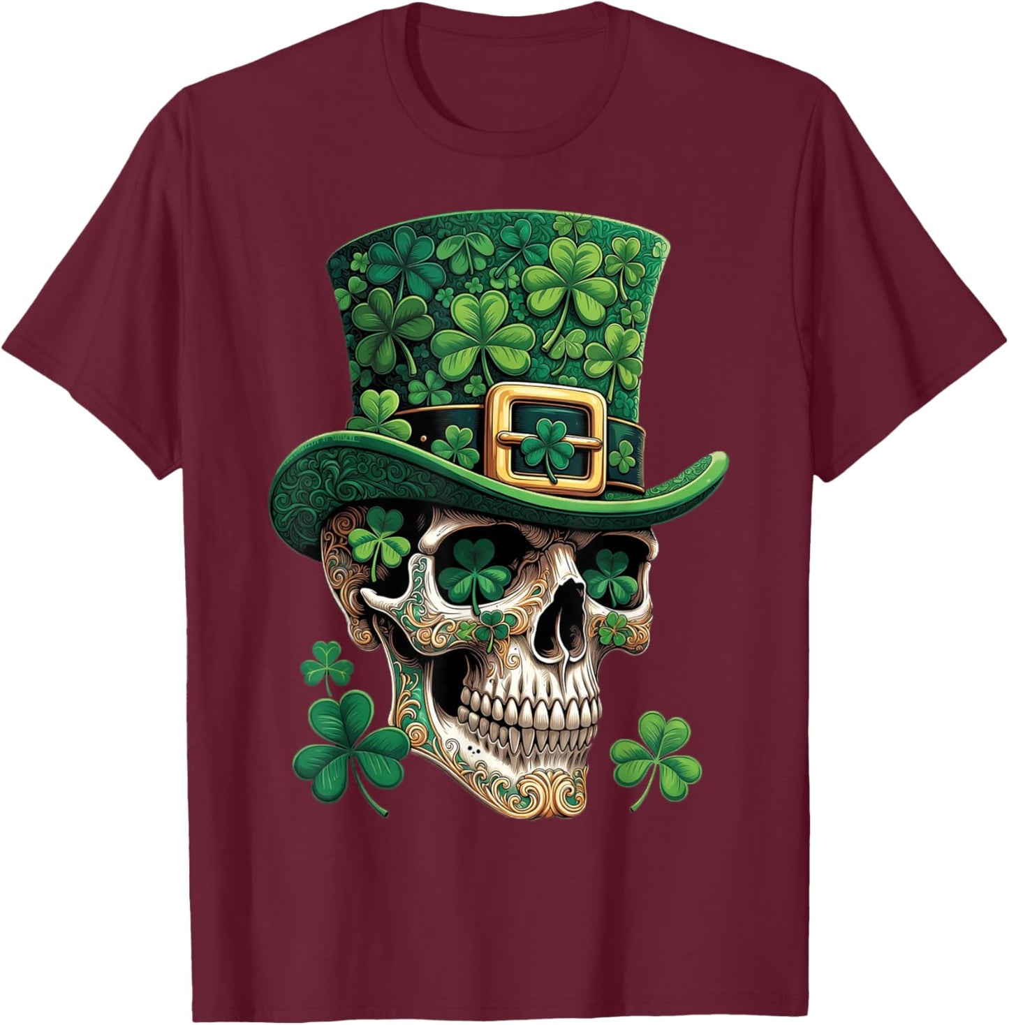 St Patrick Sugar Skull Day of The Dead Lucky Shamrock T-Shirt - T-Shirt | Maroon