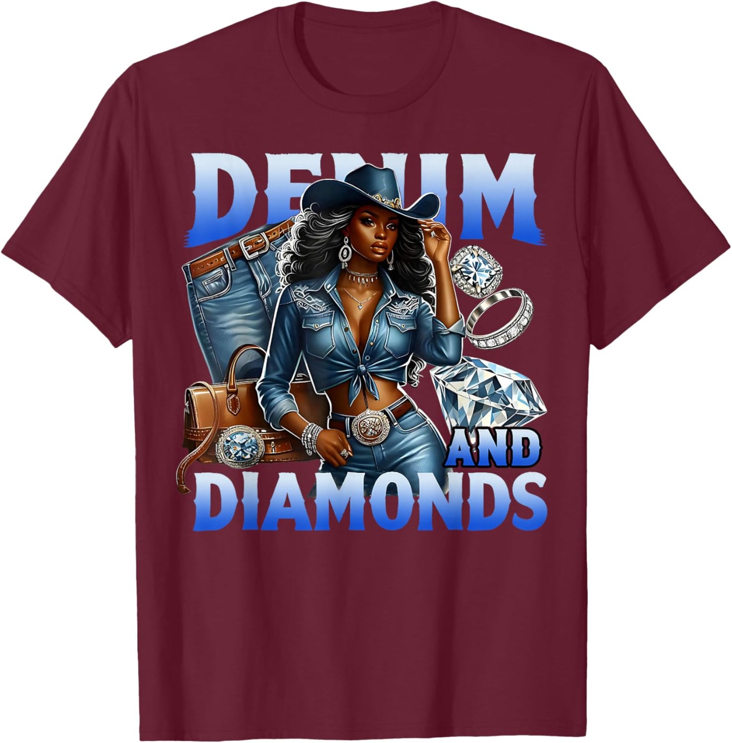 Denim and Diamonds Country Western Bachelorette Girl's Party T-Shirt - T-Shirt | Maroon