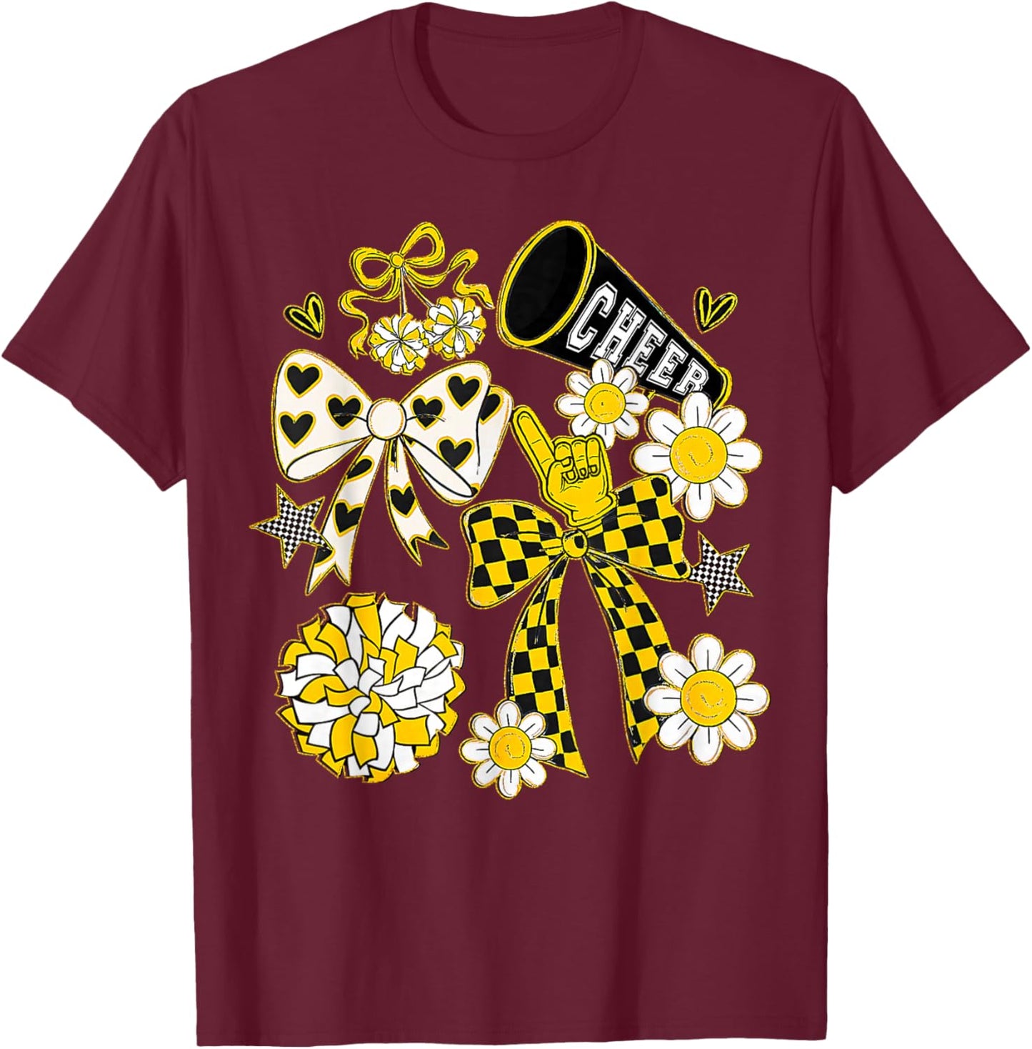 Coquette Bow Football Gold Black Game Cheer Mom Touchdown T-Shirt - T-Shirt | Maroon