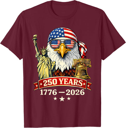 Flag Vintage 250 Years American 1776 2026 250th USA Birthday T-Shirt - T-Shirt | Maroon