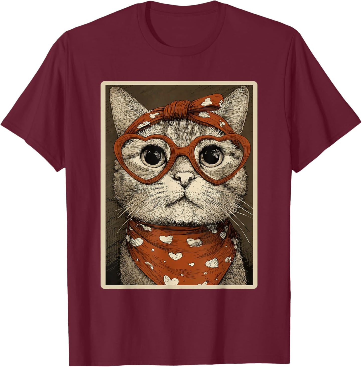 Cute Tabby Cat with Hearts Glasses Valentines Kitty Coquette T-Shirt - T-Shirt | Maroon